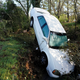 A car that was carried by floodwaters leans against a tree in a creek in Nashville.